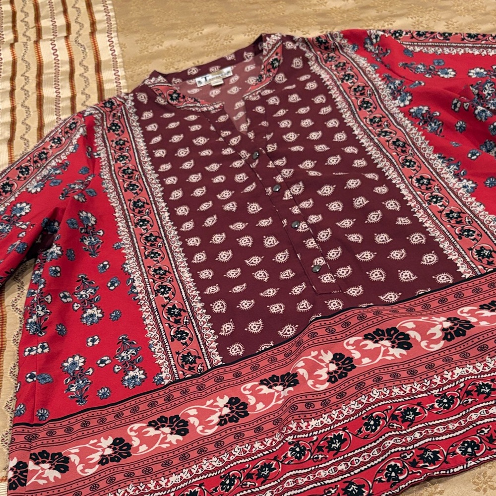 Tanzara Paisley Women's Top, Polyester, Button Front, Notched Neckline, XL